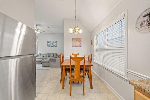 1360 Broadstone Cv, Cordova, TN 38016 - dining area with a chandelier, light tile patterned flooring, vaulted ceiling, and ceiling fan
