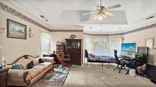 9573 Wolf River Blvd, Germantown, TN 38139 - carpeted office space with crown molding, a ceiling fan, and a tray ceiling