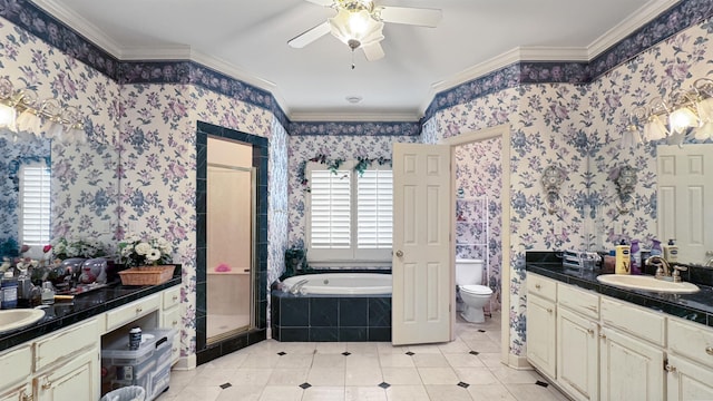 9573 Wolf River Blvd, Germantown, TN 38139 - full bathroom with ceiling fan, wallpapered walls, tile patterned floors, vanity, and crown molding