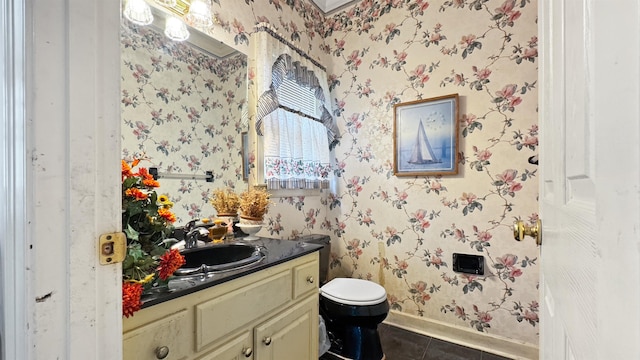 9573 Wolf River Blvd, Germantown, TN 38139 - half bath with wallpapered walls, tile patterned floors, vanity, toilet, and baseboards