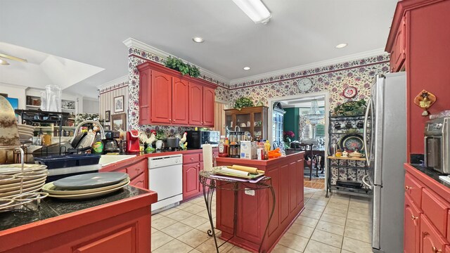 9573 Wolf River Blvd, Germantown, TN 38139 - kitchen featuring dishwasher, freestanding refrigerator, crown molding, light tile patterned flooring, and ceiling fan