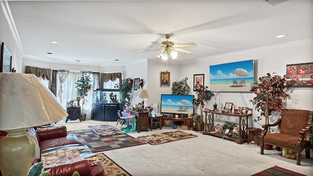 9573 Wolf River Blvd, Germantown, TN 38139 - carpeted living room with ceiling fan, ornamental molding, and recessed lighting