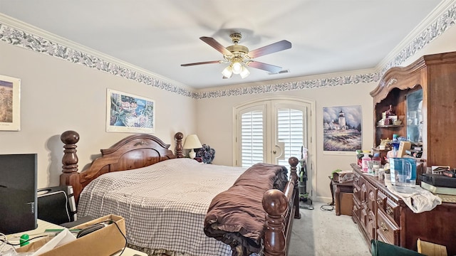 9573 Wolf River Blvd, Germantown, TN 38139 - bedroom with access to exterior, light carpet, ceiling fan, ornamental molding, and baseboards