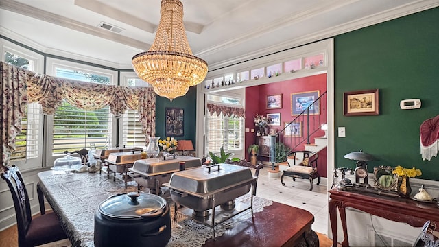 9573 Wolf River Blvd, Germantown, TN 38139 - dining room with a chandelier, ornamental molding, a tray ceiling, and stairs