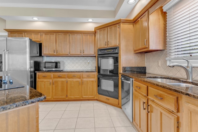 2660 Dibrell Trail Dr, Collierville, TN 38017 - kitchen featuring black appliances, a sink, tasteful backsplash, dark stone counters, and light tile patterned floors