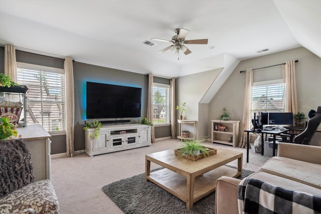 125 Mallard Ln, Rossville, TN 38066 - living room featuring a ceiling fan, light carpet, plenty of natural light, baseboards, and vaulted ceiling