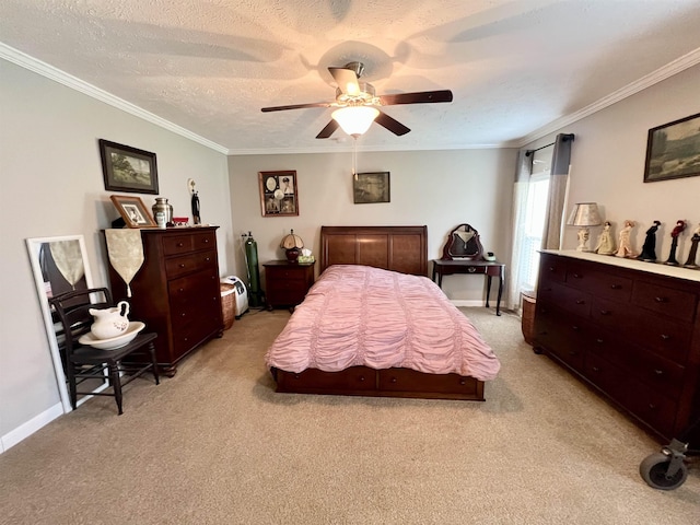 2045 Hardin Graveyard Rd, Adamsville, TN 38310 - bedroom featuring light carpet, crown molding, a ceiling fan, baseboards, and a textured ceiling