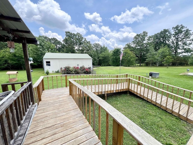 2045 Hardin Graveyard Rd, Adamsville, TN 38310 - wooden terrace featuring a yard, view of wooded area, and an outdoor structure