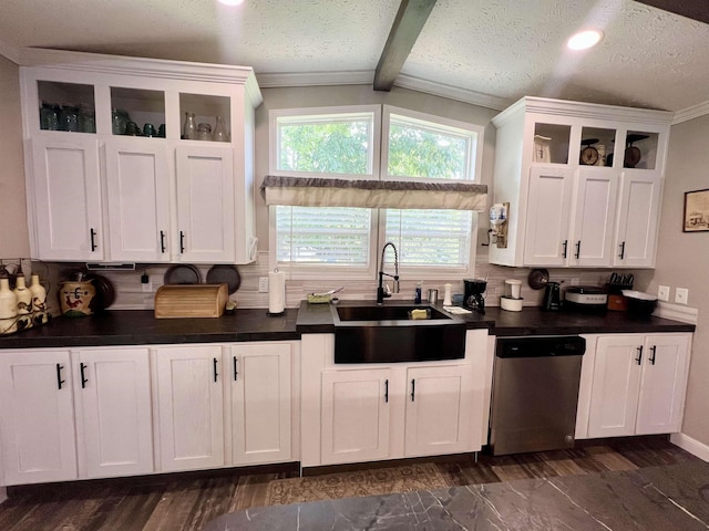 2045 Hardin Graveyard Rd, Adamsville, TN 38310 - kitchen with stainless steel dishwasher, a sink, ornamental molding, white cabinetry, and backsplash