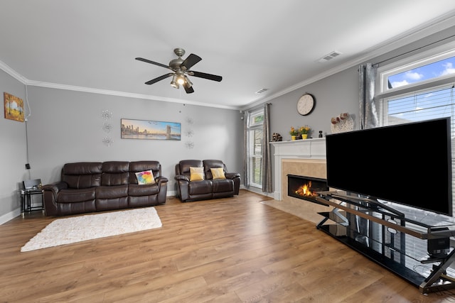 420 Estanaula Rd, Collierville, TN 38017 - living room featuring healthy amount of natural light, crown molding, wood finished floors, and a fireplace