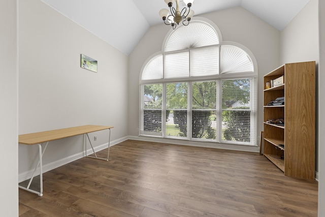 420 Estanaula Rd, Collierville, TN 38017 - unfurnished dining area with healthy amount of natural light, lofted ceiling, a chandelier, wood finished floors, and baseboards