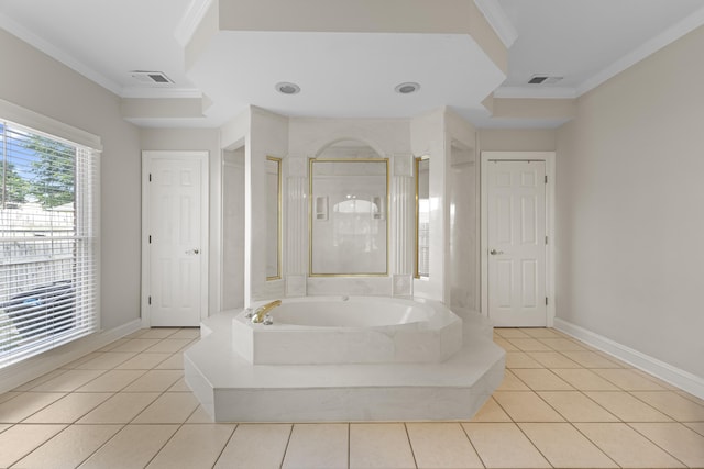 420 Estanaula Rd, Collierville, TN 38017 - bathroom featuring ornamental molding, a garden tub, a shower stall, tile patterned flooring, and baseboards