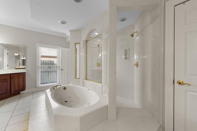 420 Estanaula Rd, Collierville, TN 38017 - full bath with a tub with jets, a walk in shower, vanity, crown molding, and tile patterned flooring