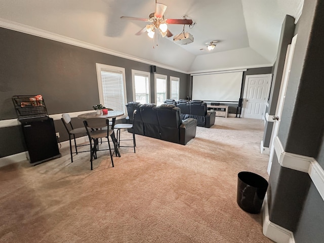 1400 Stable Run Dr, Cordova, TN 38016 - cinema featuring a ceiling fan, carpet floors, lofted ceiling, crown molding, and baseboards