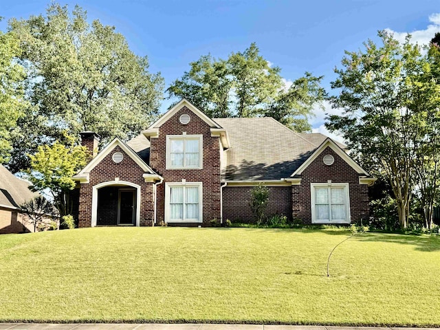 6841 Tree Breeze Cv, Bartlett, TN 38135 - traditional-style home with brick siding, a front yard, and a chimney
