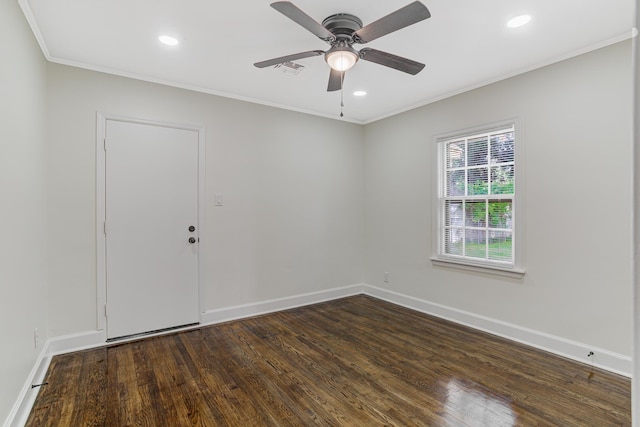 4009 Hemingway Ave, Memphis, TN 38128 - empty room with ornamental molding, dark wood-style floors, recessed lighting, ceiling fan, and baseboards