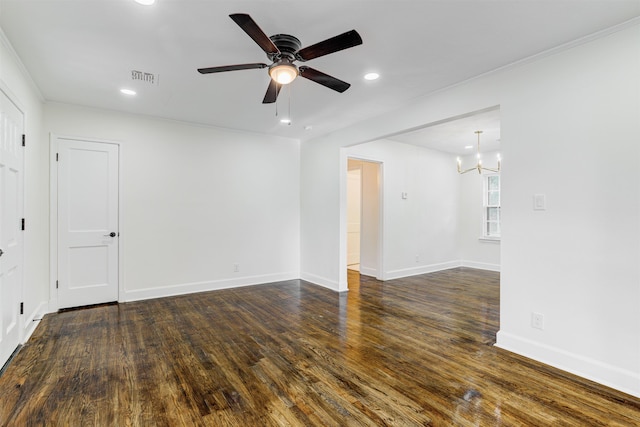 4009 Hemingway Ave, Memphis, TN 38128 - spare room with a chandelier, dark wood finished floors, ceiling fan, and recessed lighting