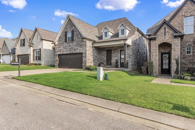 7415 Lost Grove Ln, Cordova, TN 38016 - french country home featuring an attached garage, brick siding, driveway, a front lawn, and roof with shingles