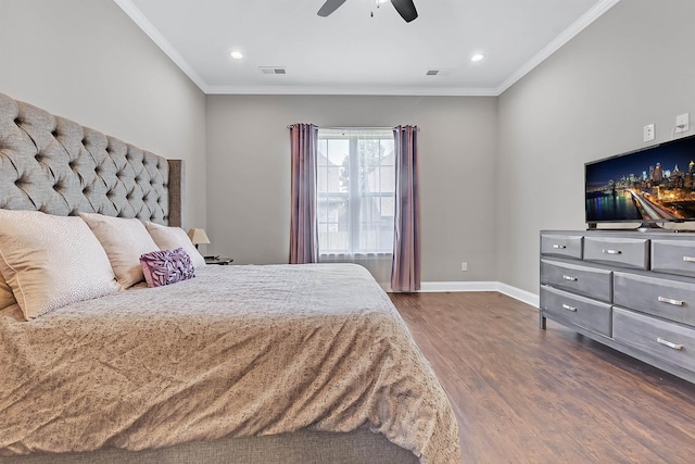 7415 Lost Grove Ln, Cordova, TN 38016 - bedroom with dark wood-style floors, ornamental molding, recessed lighting, and ceiling fan