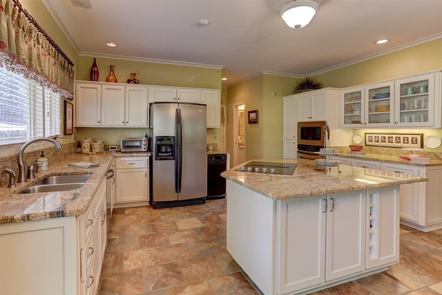 2994 Oakleigh Ln, Germantown, TN 38138 - kitchen featuring stainless steel appliances, white cabinets, crown molding, light stone counters, and glass insert cabinets