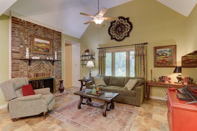 2994 Oakleigh Ln, Germantown, TN 38138 - living area with stone tile floors, high vaulted ceiling, ceiling fan, and a fireplace
