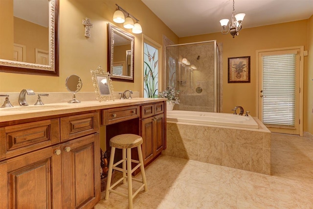 2994 Oakleigh Ln, Germantown, TN 38138 - full bathroom with a garden tub, double vanity, a shower with shower door, tile patterned flooring, and a chandelier
