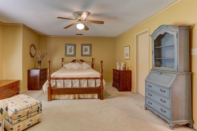 2994 Oakleigh Ln, Germantown, TN 38138 - bedroom featuring ornamental molding, light carpet, a textured ceiling, and a ceiling fan