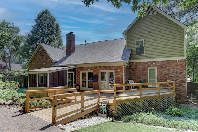2994 Oakleigh Ln, Germantown, TN 38138 - back of house featuring brick siding, a wooden deck, a chimney, and french doors