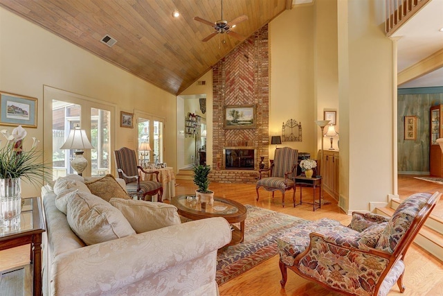 2994 Oakleigh Ln, Germantown, TN 38138 - living area featuring high vaulted ceiling, a brick fireplace, wooden ceiling, light wood finished floors, and a ceiling fan