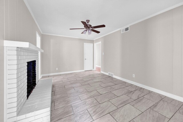 3051 Overbrook Dr, Memphis, TN 38128 - unfurnished living room with a ceiling fan, crown molding, and a fireplace
