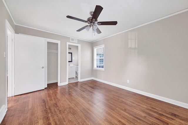 3051 Overbrook Dr, Memphis, TN 38128 - unfurnished bedroom with wood finished floors, ornamental molding, a ceiling fan, and ensuite bath