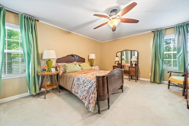 2155 Wickersham Ln, Germantown, TN 38139 - bedroom with light carpet, ornamental molding, ceiling fan, and a textured ceiling