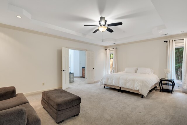 236 Riveredge Cv, Memphis, TN 38018 - bedroom with a raised ceiling, light colored carpet, recessed lighting, multiple windows, and ceiling fan