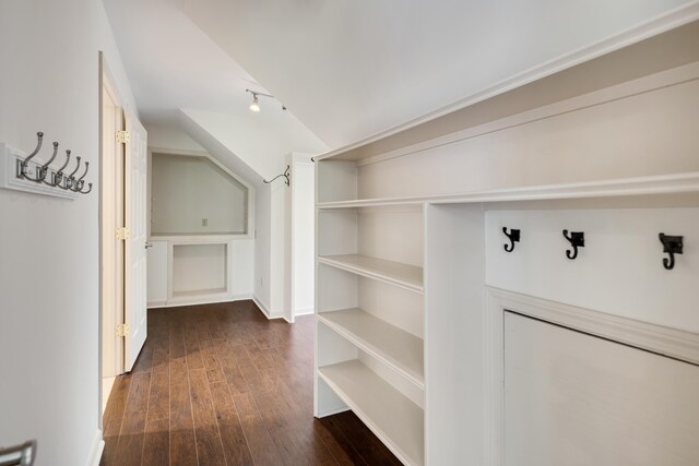 236 Riveredge Cv, Memphis, TN 38018 - hallway featuring dark wood-type flooring, vaulted ceiling, built in features, and track lighting