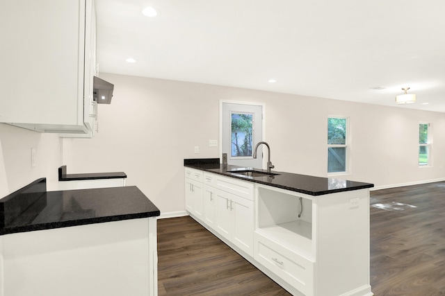 3374 Given Ave, Memphis, TN 38122 - kitchen with dark wood-type flooring, a peninsula, white cabinetry, open shelves, and recessed lighting