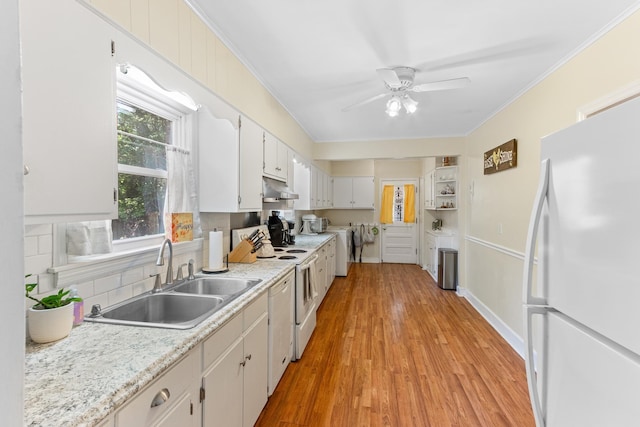 4670 Kaye Rd, Memphis, TN 38117 - kitchen with white appliances, under cabinet range hood, crown molding, light countertops, and ceiling fan