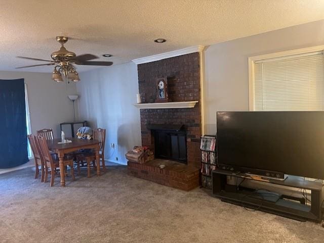 3115 S Wesley Ct, Memphis, TN 38119 - living area featuring carpet, a ceiling fan, a brick fireplace, and a textured ceiling