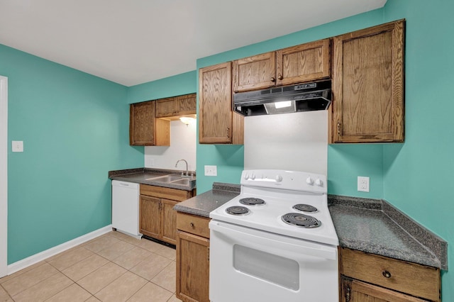 2154 N Hubert Cir, Memphis, TN 38108 - kitchen featuring white appliances, under cabinet range hood, dark countertops, light tile patterned flooring, and brown cabinets