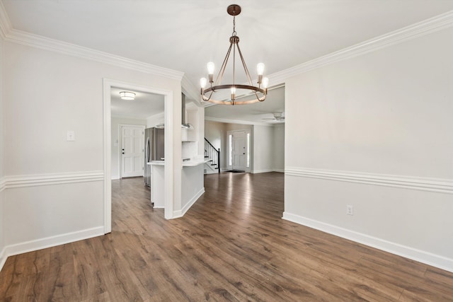8394 N Westfair Cir N, Germantown, TN 38139 - empty room featuring a chandelier, ornamental molding, stairs, dark wood-style flooring, and ceiling fan