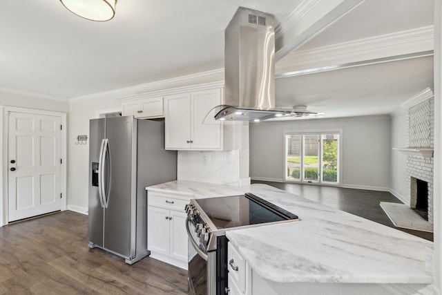 8394 N Westfair Cir N, Germantown, TN 38139 - kitchen with stainless steel appliances, island exhaust hood, dark wood-type flooring, white cabinets, and ornamental molding