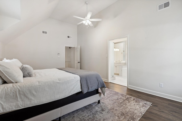 8394 N Westfair Cir N, Germantown, TN 38139 - bedroom featuring wood finished floors, connected bathroom, a ceiling fan, and high vaulted ceiling