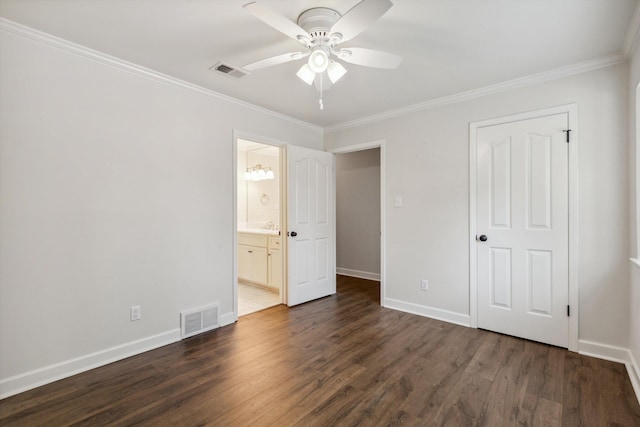8394 N Westfair Cir N, Germantown, TN 38139 - unfurnished bedroom featuring dark wood-style floors, crown molding, ensuite bath, and a ceiling fan
