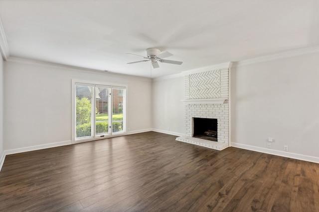 8394 N Westfair Cir N, Germantown, TN 38139 - unfurnished living room featuring ceiling fan, dark wood-style flooring, crown molding, and a fireplace