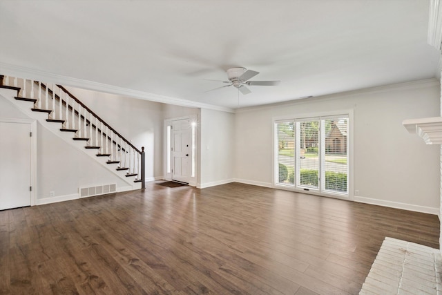 8394 N Westfair Cir N, Germantown, TN 38139 - unfurnished living room featuring stairway, a ceiling fan, dark wood-type flooring, and crown molding