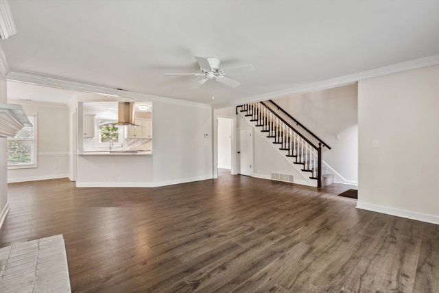 8394 N Westfair Cir N, Germantown, TN 38139 - unfurnished living room with ornamental molding, stairway, a ceiling fan, and dark wood finished floors