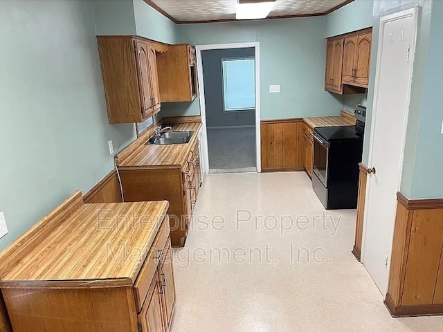 1750 Sea Isle Rd, Memphis, TN 38117 - kitchen featuring electric stove, a wainscoted wall, brown cabinetry, light countertops, and crown molding