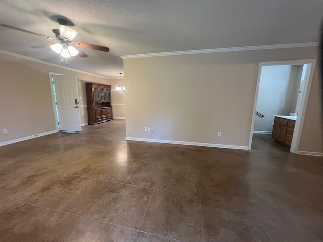 199 Bucksnort Rd, Covington, TN 38019 - unfurnished living room with a ceiling fan, crown molding, and dark tile patterned floors