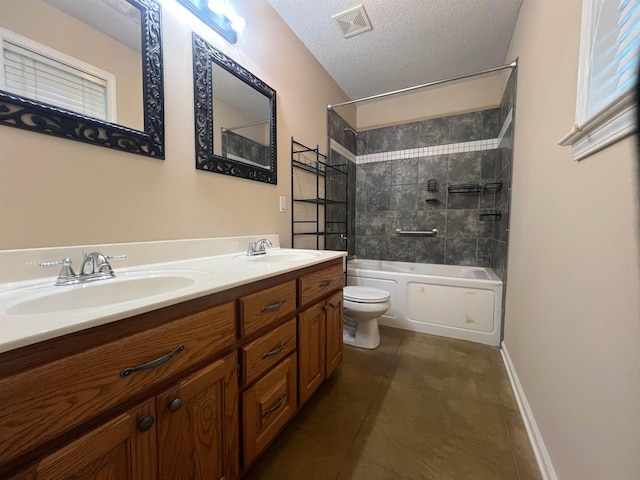 199 Bucksnort Rd, Covington, TN 38019 - full bath featuring double vanity, bathing tub / shower combination, tile patterned flooring, and a textured ceiling