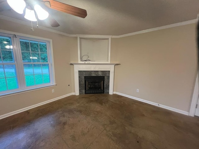 199 Bucksnort Rd, Covington, TN 38019 - unfurnished living room with crown molding, a ceiling fan, and a tile fireplace