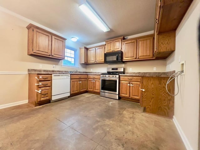 199 Bucksnort Rd, Covington, TN 38019 - kitchen featuring stainless steel gas range oven, black microwave, white dishwasher, brown cabinetry, and crown molding